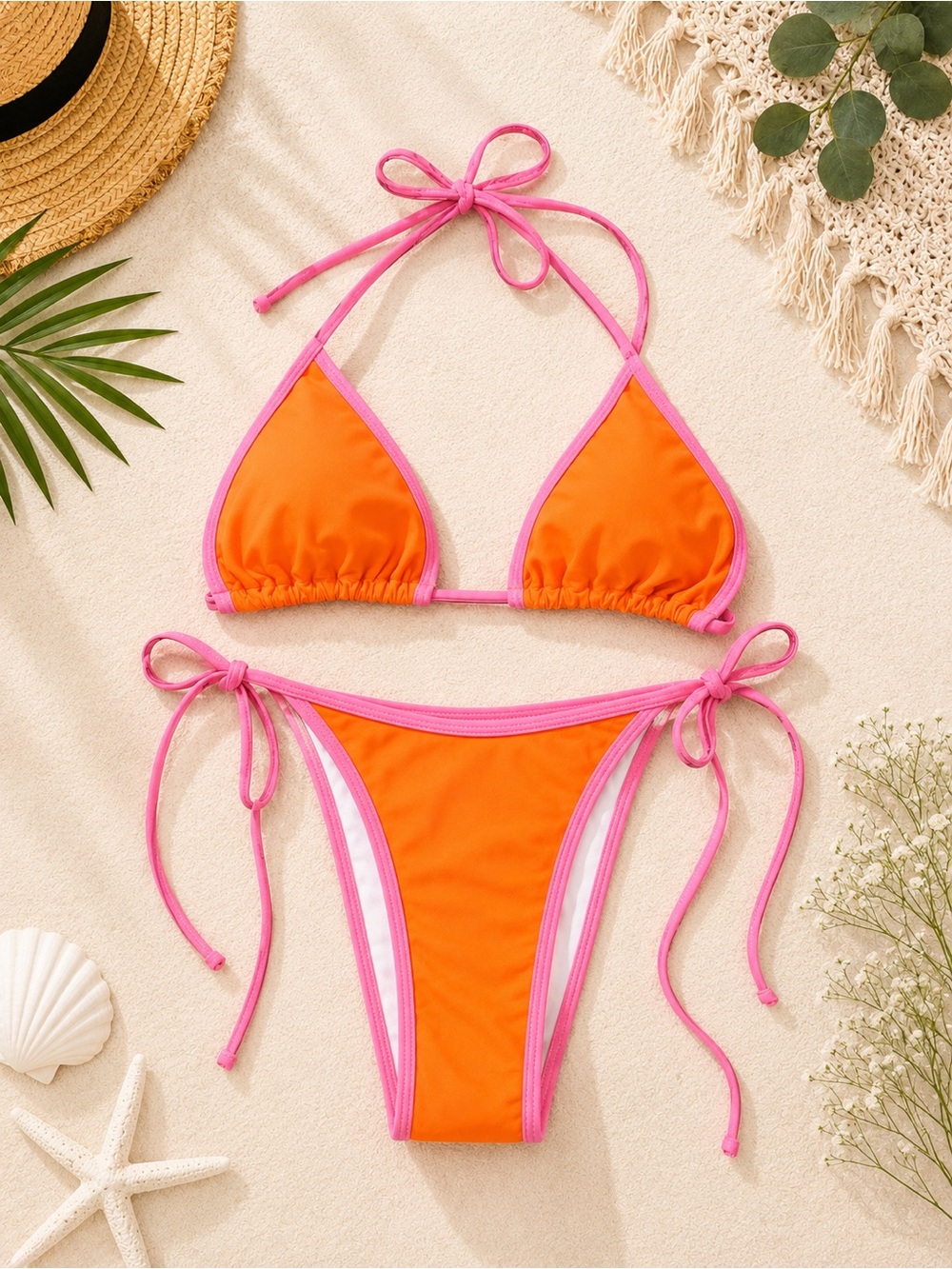 Orange & Pink Triangle Tie Bikini Top and Bottom - Women Swim - Picture 2 of 2